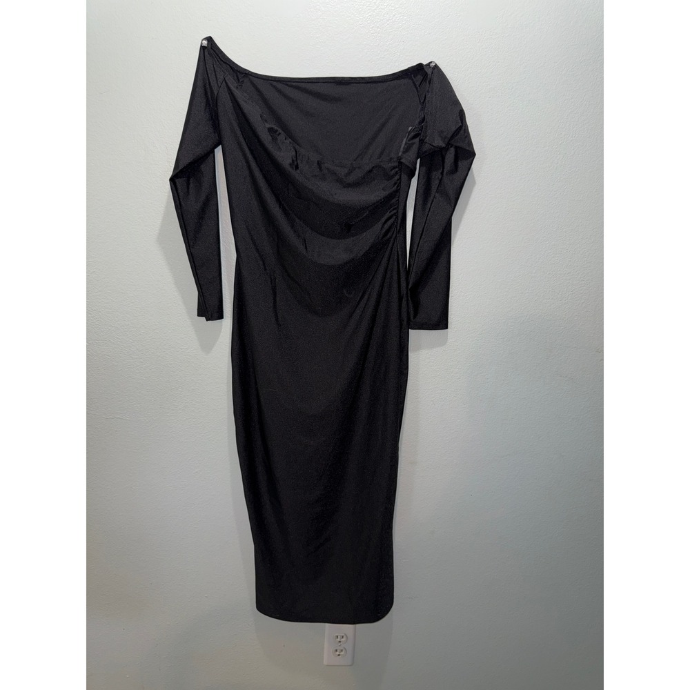 Black Long Sleeve Ruched Bodycon Midi Dress Evening Cocktail Party
